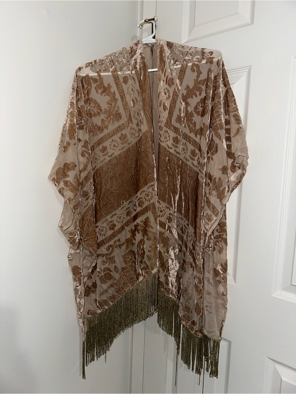 Mystree Velvet Burnout Open-Front Kimono in Taupe Beige